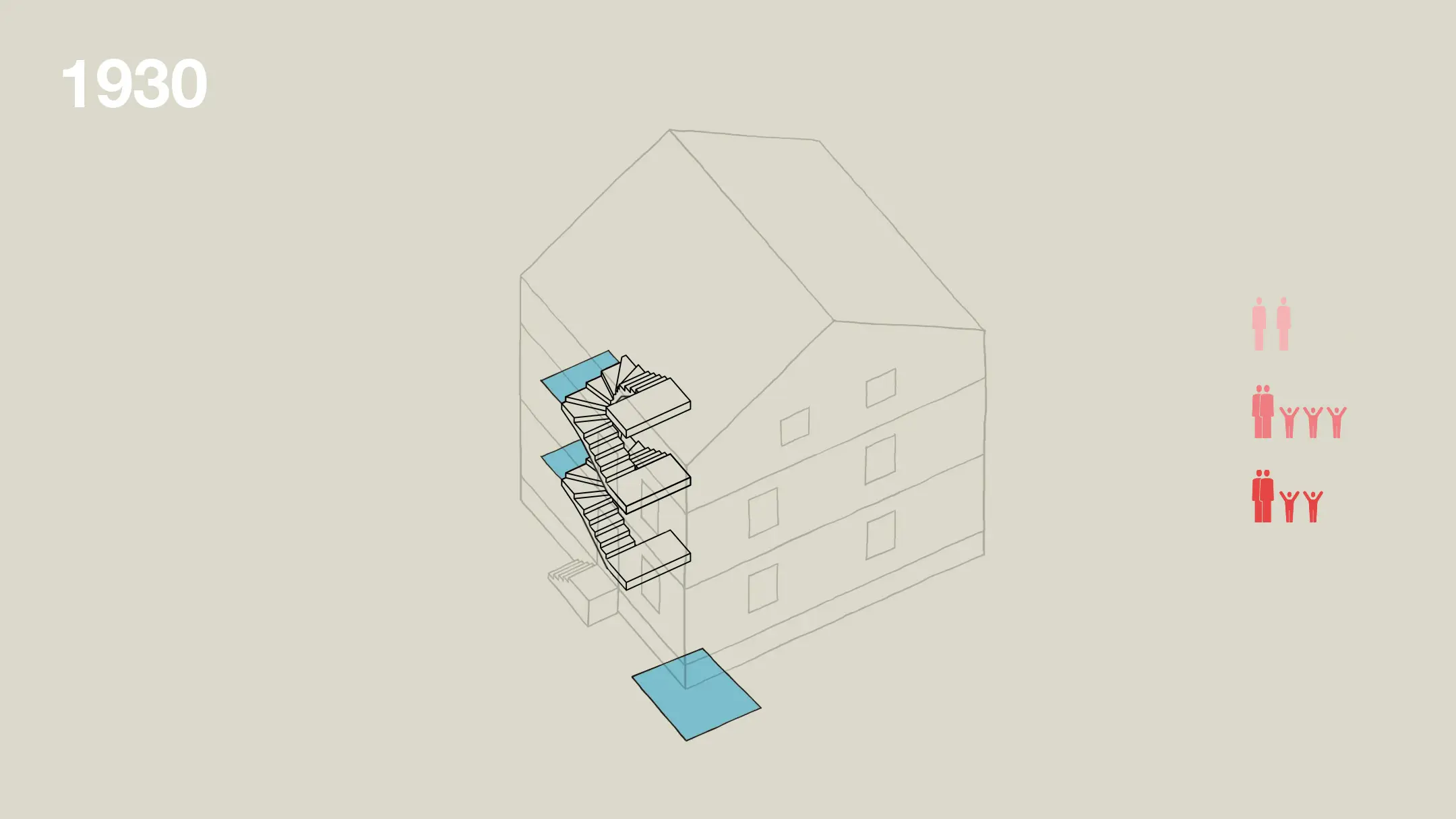 Die Ausstattung mit Nasszellen war beschränkt: Es gab zwei gemeinsame Toiletten auf den Treppenpodesten und eine Badewanne im Keller.