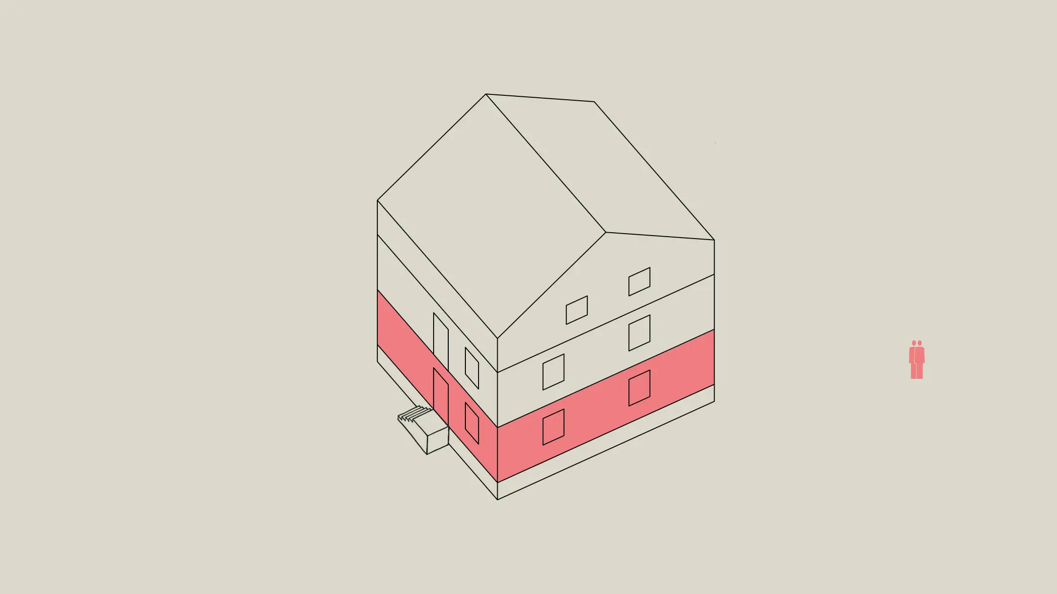 Als die Kinder ausziehen, möchten die Eltern ihren Wohnraum auf das Erdgeschoss beschränken, wo es weder Toilette noch Badezimmer gibt.