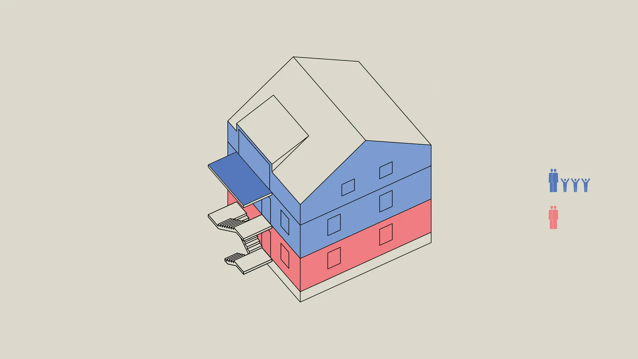 Das Dach des Treppenanbaus bietet der Maisonettewohnung einen privaten Aussenraum.