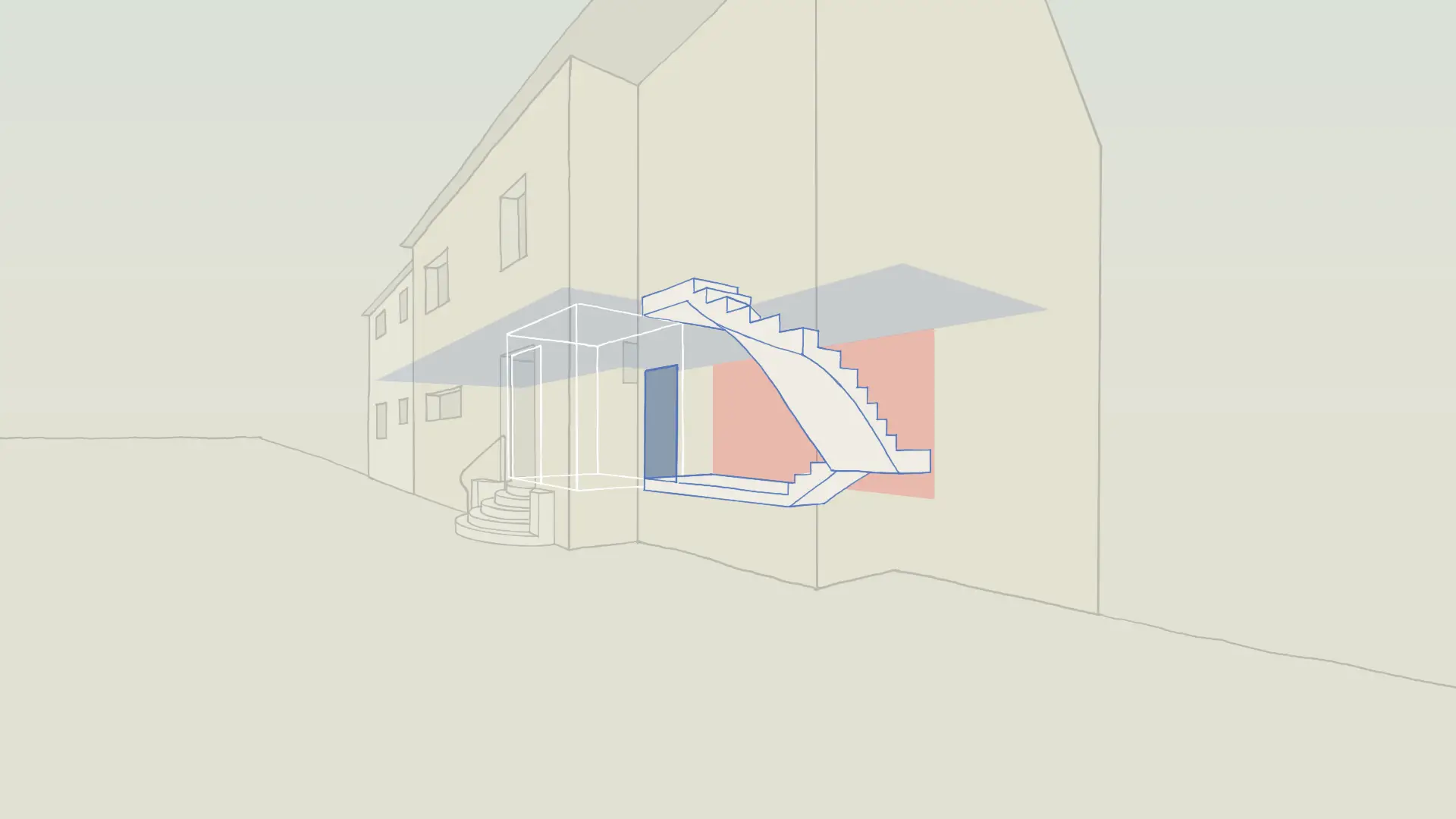 L'escalier existant distribue le logement supérieur (bleu) et longe le mur du logement du rez (rouge)