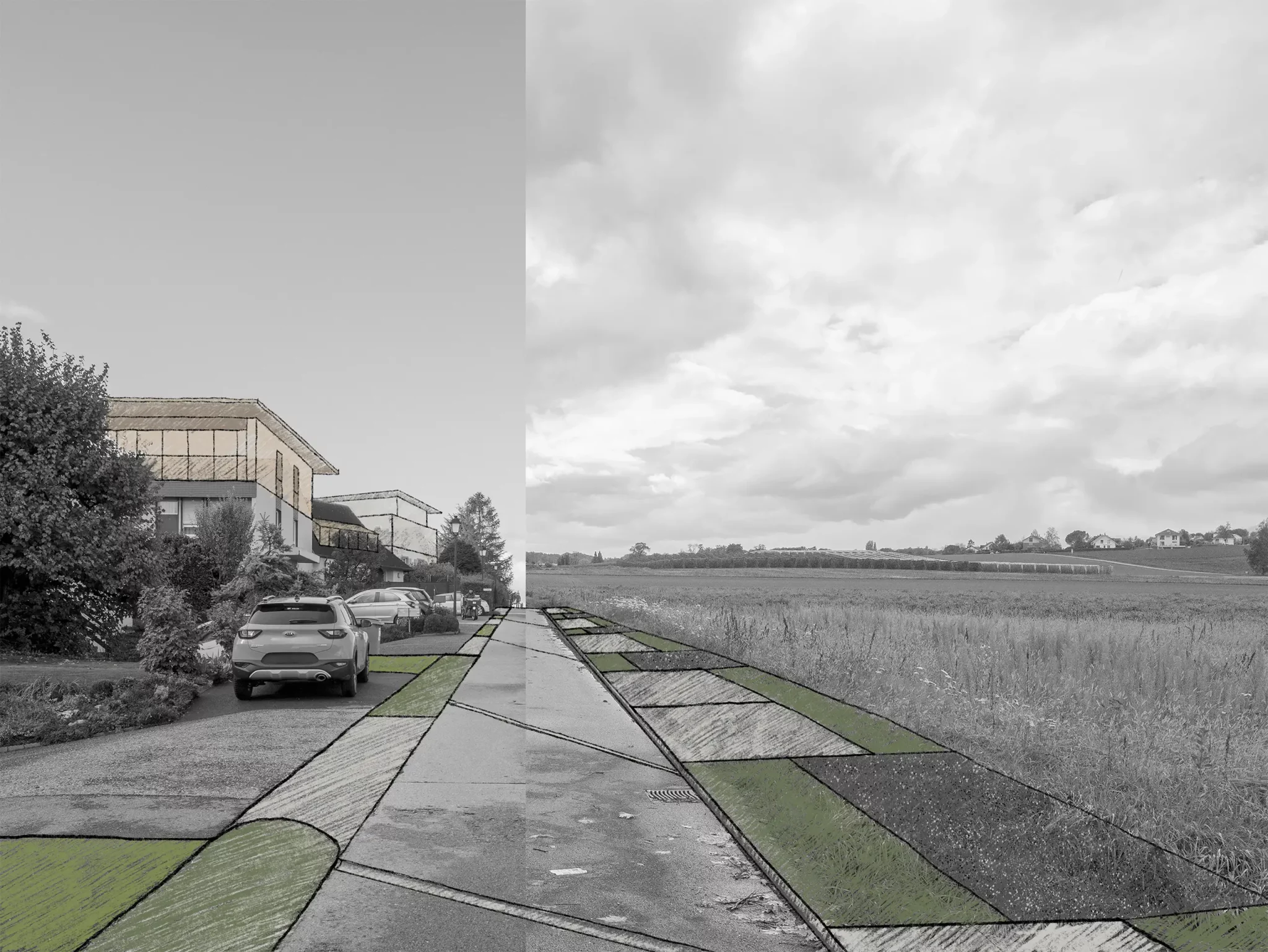 La requalification des dessertes débute avec la désimperméabilisation des sols. Les eaux de pluie s’infiltrent. La forme de la rue se précise, sa largeur diminue et le trafic s’apaise…