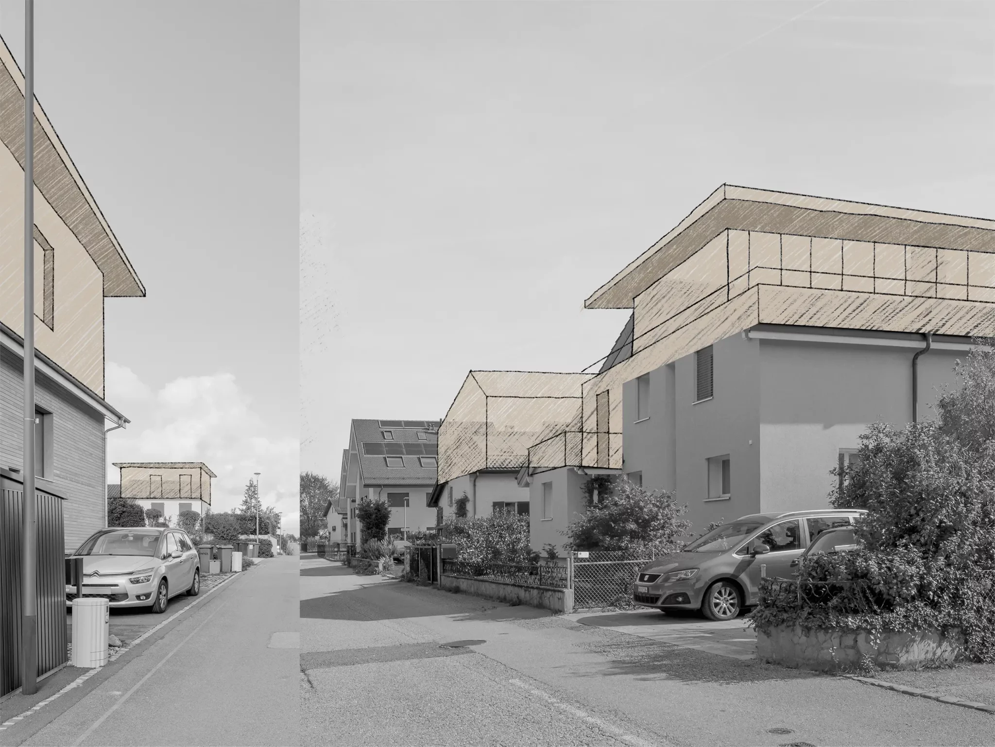 La requalification des dessertes débute avec la désimperméabilisation des sols. Les eaux de pluie s’infiltrent. La forme de la rue se précise, sa largeur diminue et le trafic s’apaise…