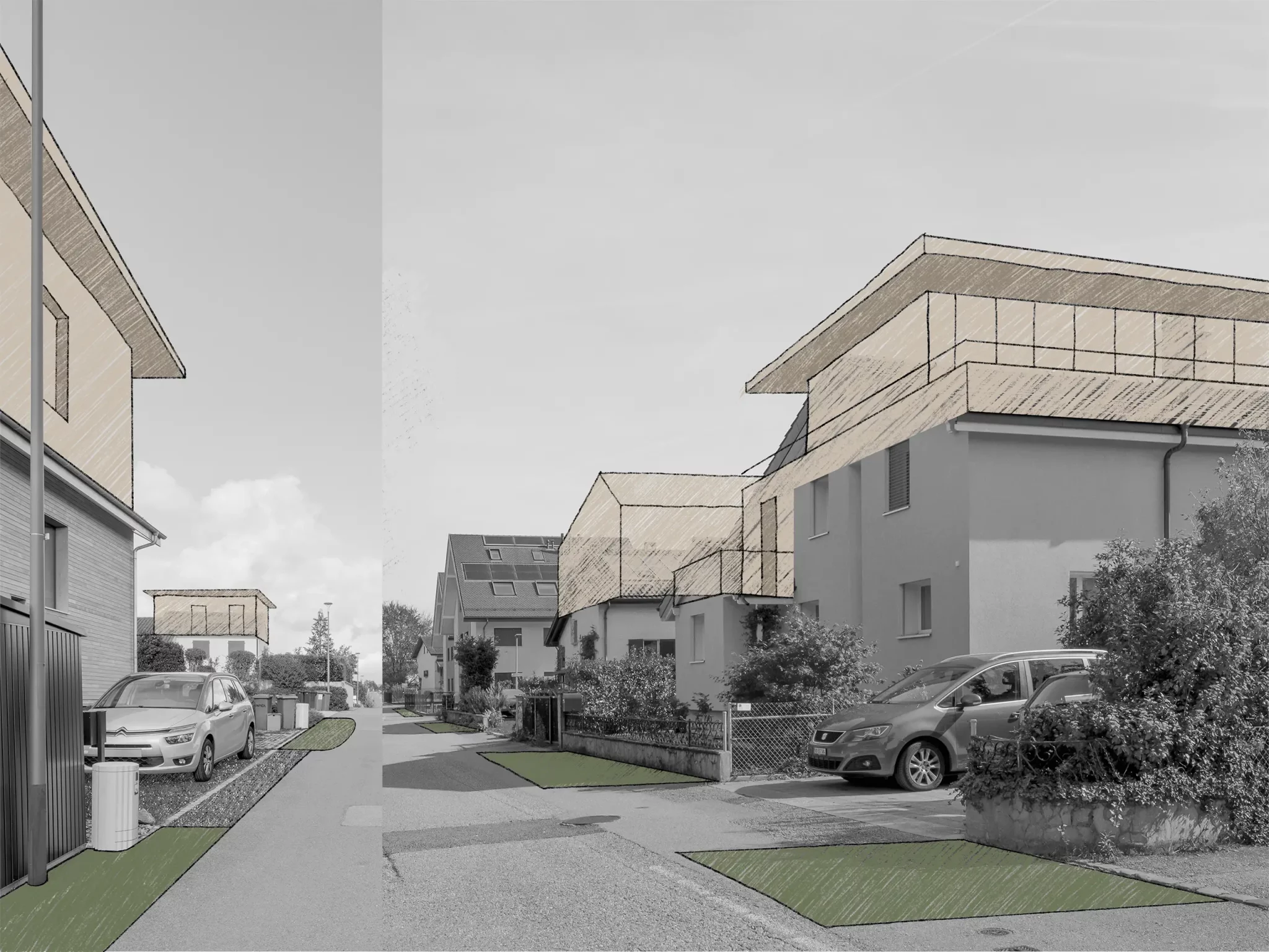 La requalification des dessertes débute avec la désimperméabilisation des sols. Les eaux de pluie s’infiltrent. La forme de la rue se précise, sa largeur diminue et le trafic s’apaise…