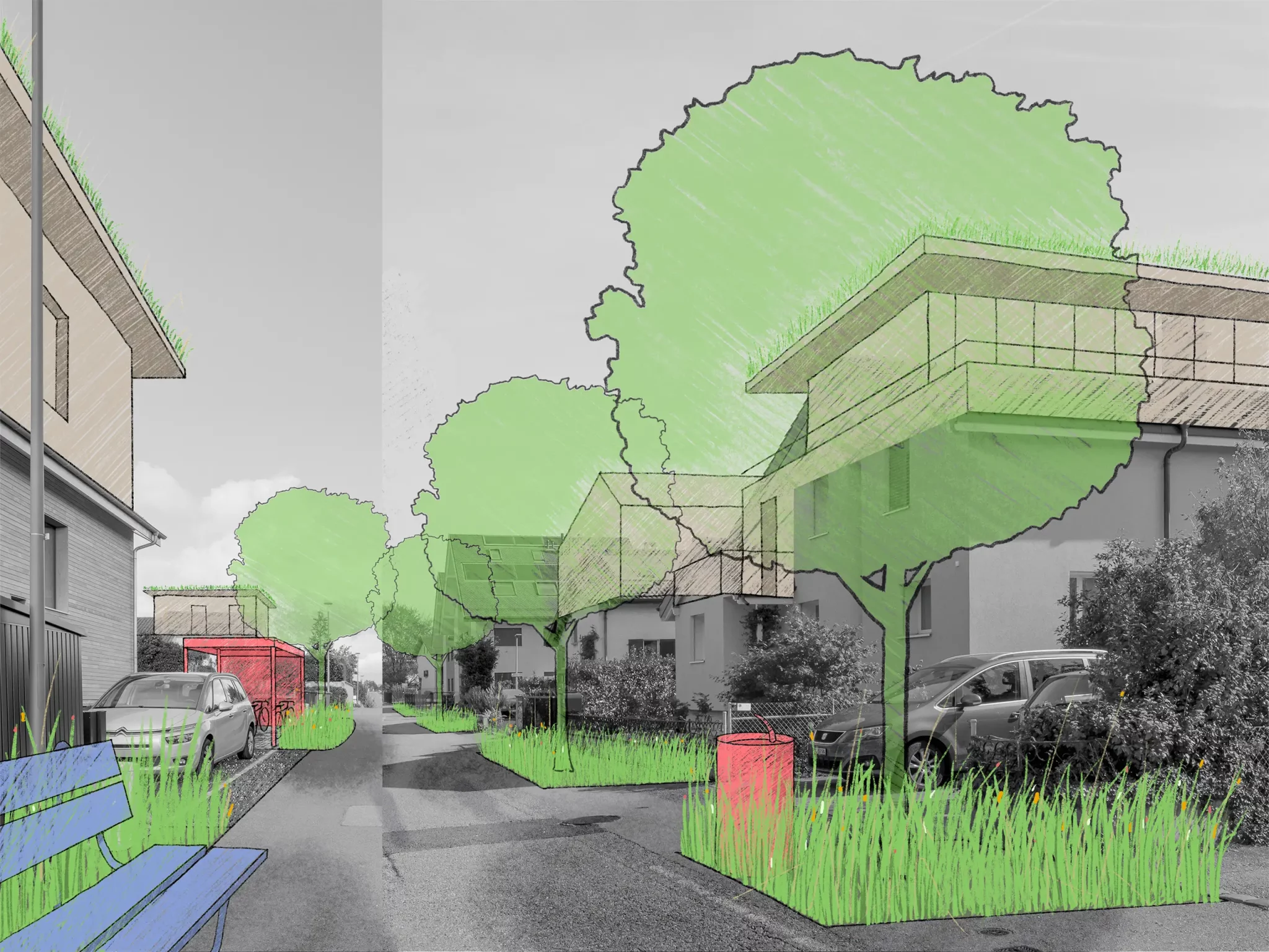 Des équipements publics et des services communs y trouvent leur place : du mobilier, une fontaine, des places de stationnement pour les vélos électriques…