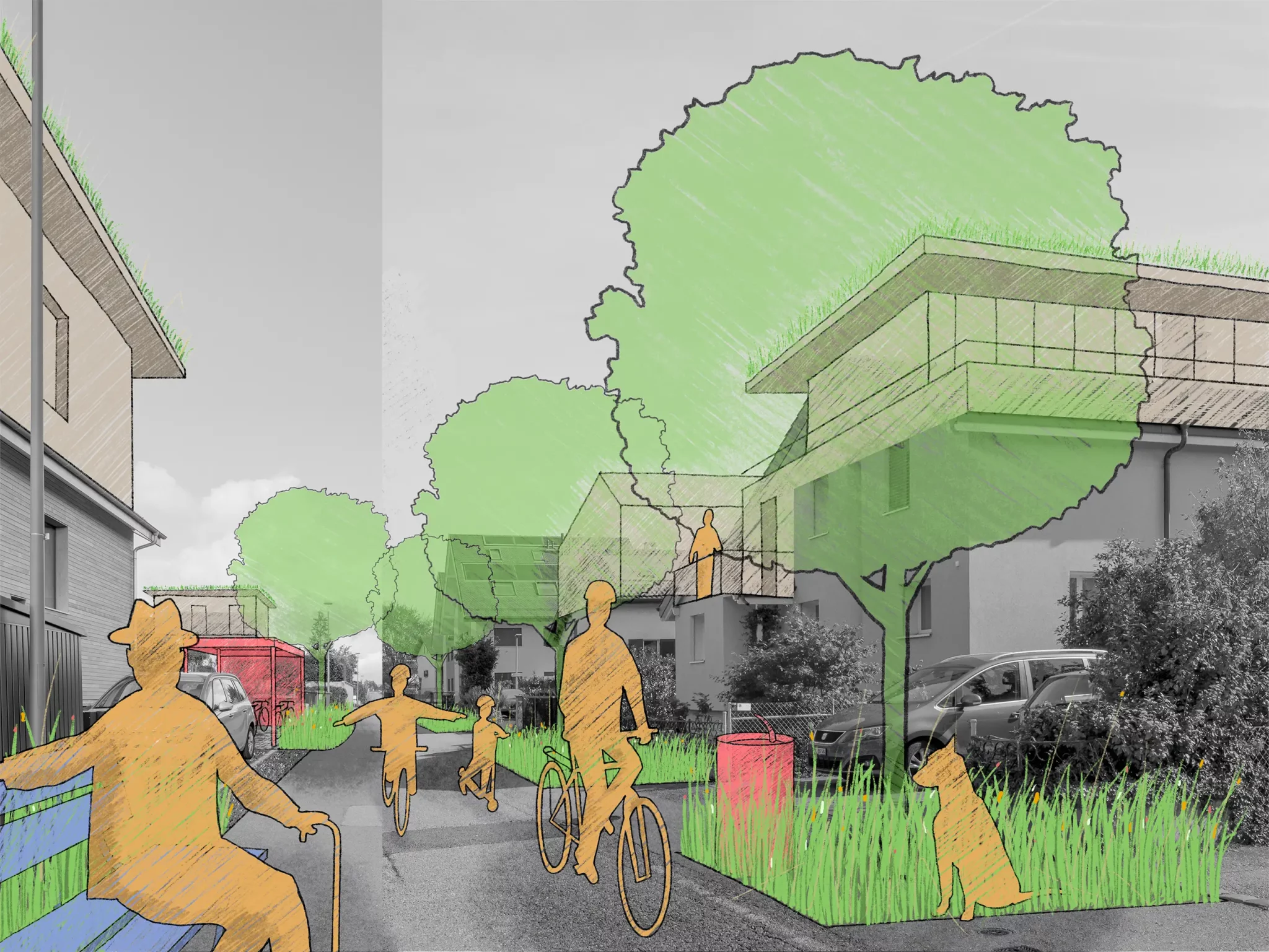 La rue accueille les habitants, elle invite à la mobilité douce, la rencontre et le vivre ensemble sont favorisés. La MétamorpHouse de la rue est au cœur d’une densification de qualité.